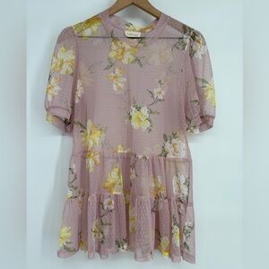 Meraki Sheer Floral Print Short-sleeved Tiered Blouse